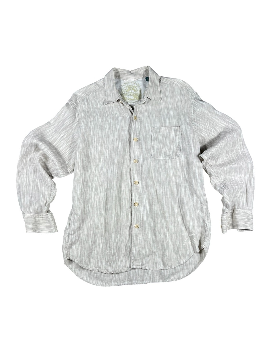 100% LINEN TOMMY BAHAMA button down long sleeve vertical space dye pattern tan L